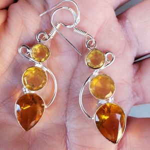 New Citrine Silver Dangle Statement Earrings.